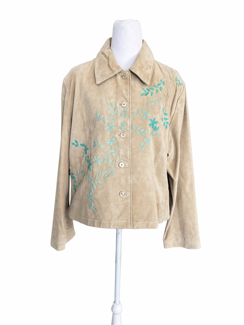 Coldwater Creek Women's L Tan‎ Genuine Suede 100% Leather Jacket Floral Applique